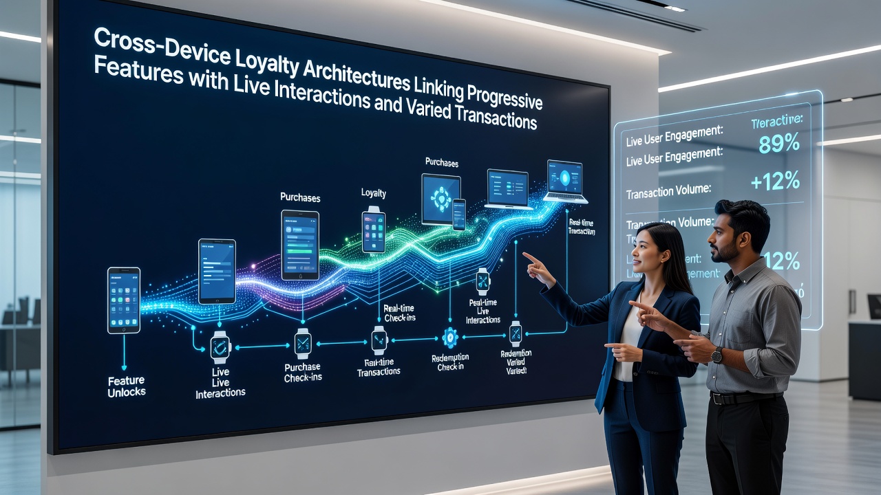 Illustration variierter Transaktionsrouten und Live-Interaktionen innerhalb einer cross-device Loyalty-Architektur für portable Gaming-Systeme