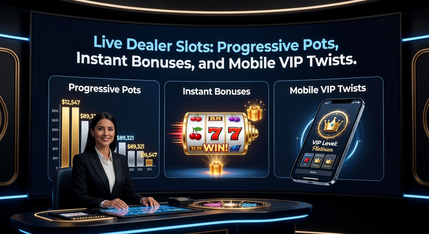 Lebendiger Live Dealer an einem Slot-Tisch mit progressivem Jackpot-Display und mobilen Geräten im Vordergrund